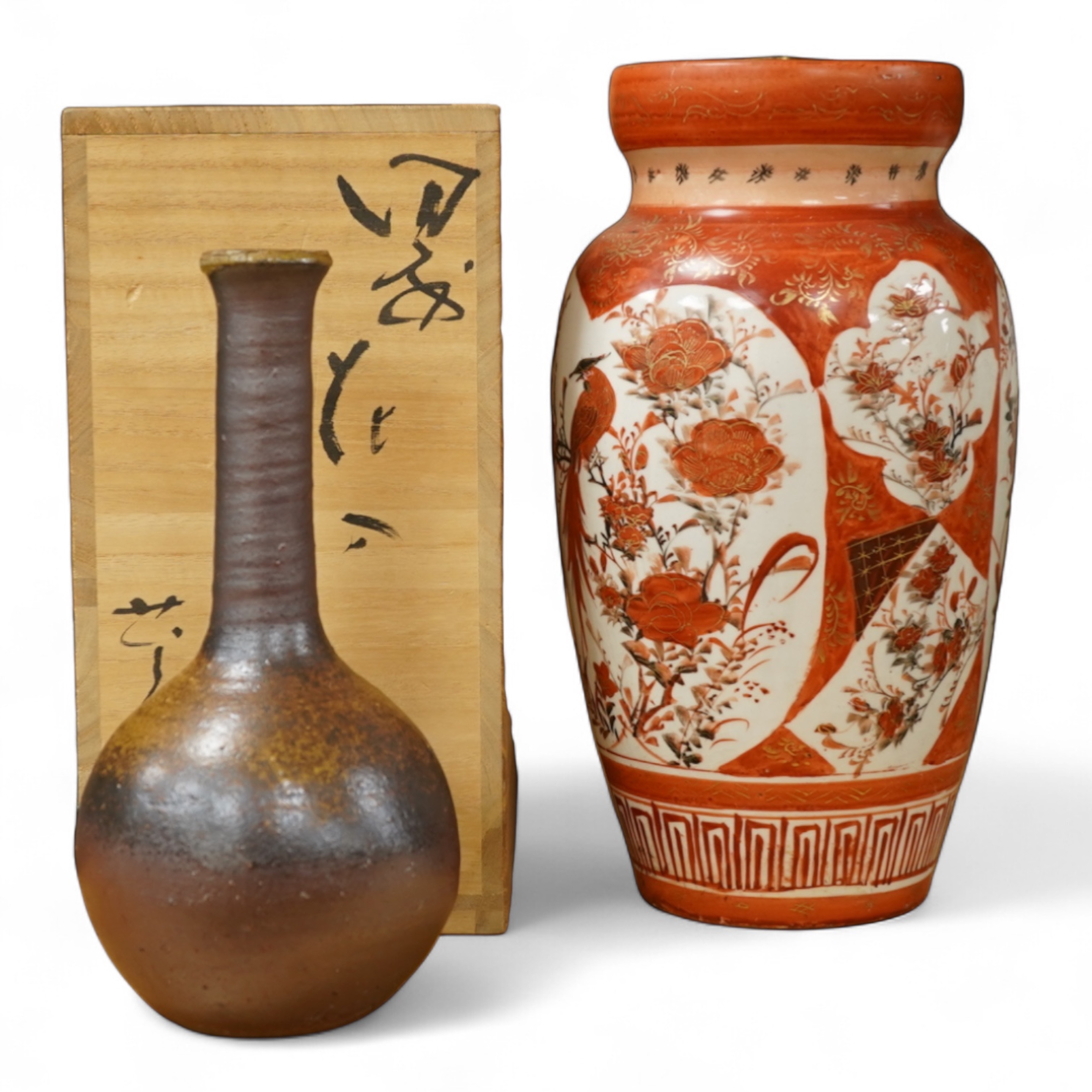 A boxed Japanese Bizan ware bottle vase and a Kutani vase, bottle vase 36cm high